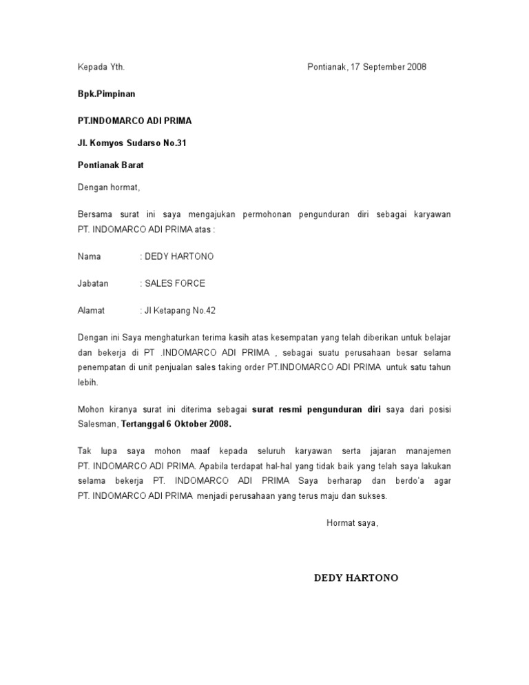 Contoh Surat Pengunduran Diri Dari Perusahaan Alfamart Nusagates