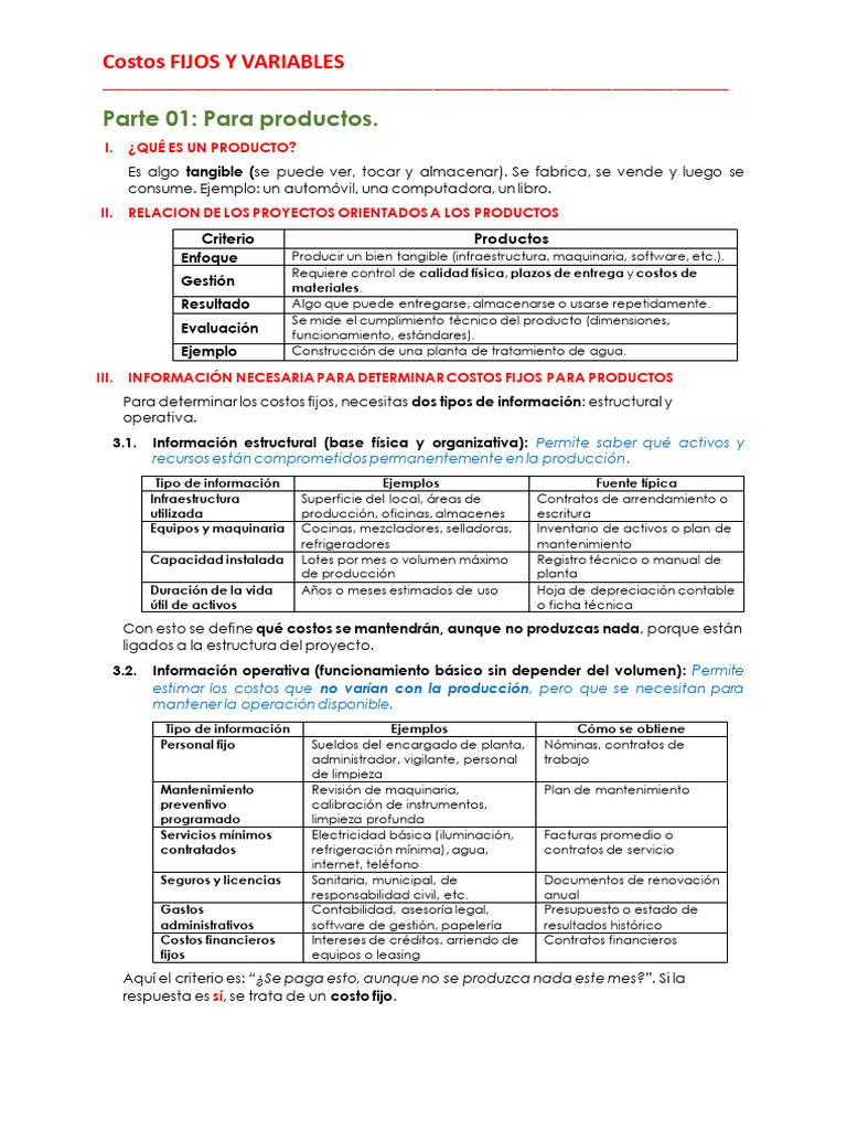 Costos Fijos y Variables en Productos | PDF | Presupuesto | Economias
