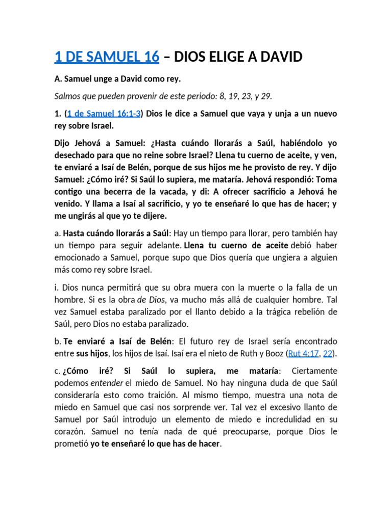 Dios Elige a David: Unción y Propósito | PDF | David | Saulo