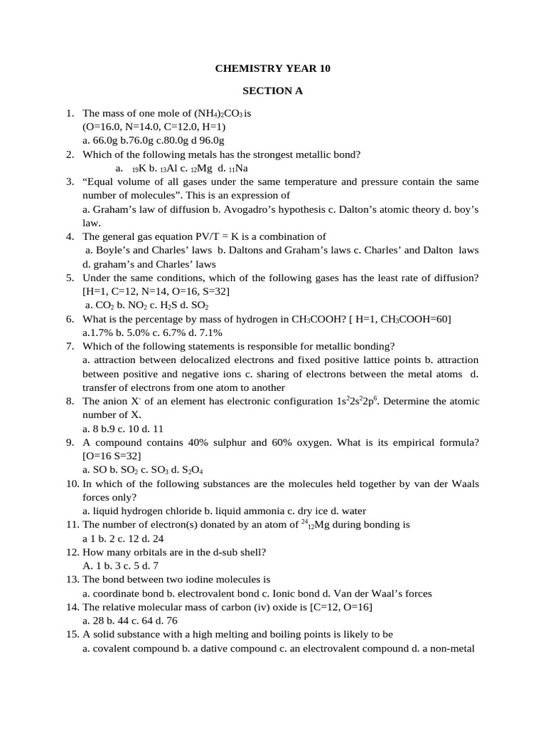 Year 10 Chemistry Exam Questions | PDF | Gases | Chemical Compounds