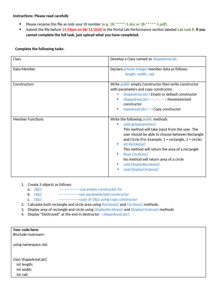 Shape Area Calculator Class Instructions | PDF | Constructor (Object ...