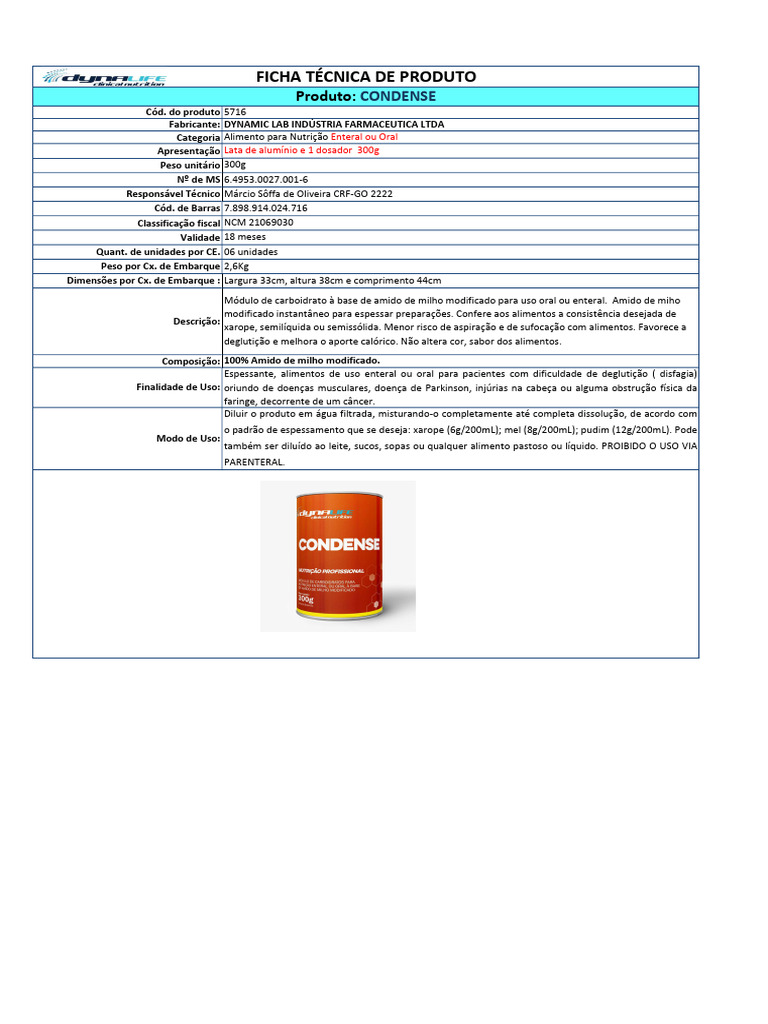 Ficha Técnica do Condense 300g | PDF