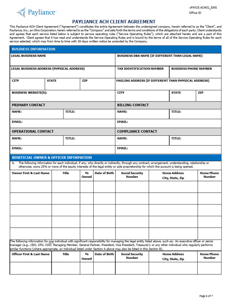 Payliance ACH Client Agreement Form | PDF | Debit Card | Payments