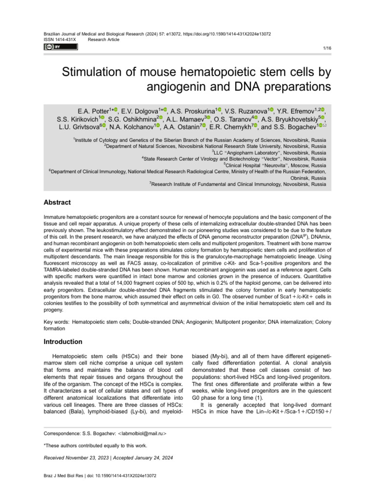 Angiogenin and DNA Boost Mouse Stem Cells | PDF | Hematopoietic Stem ...