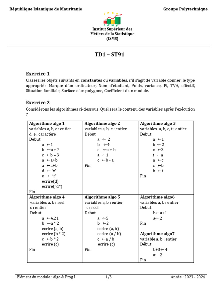 Exercices d'Algorithmique et Programmation | PDF | Mathématiques ...
