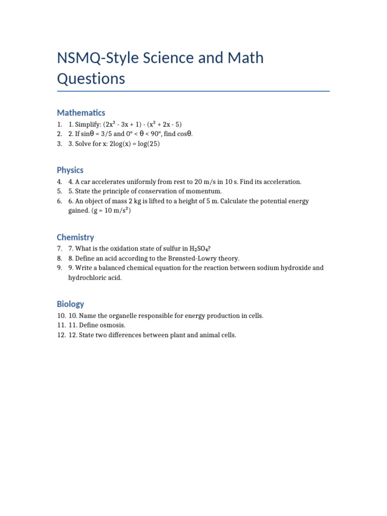 NSMQ-Style Science and Math Questions | PDF