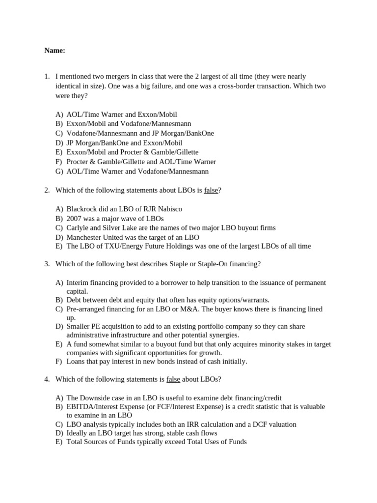 Mergers, LBOs, and Financing Concepts | PDF | Leveraged Buyout | Debt