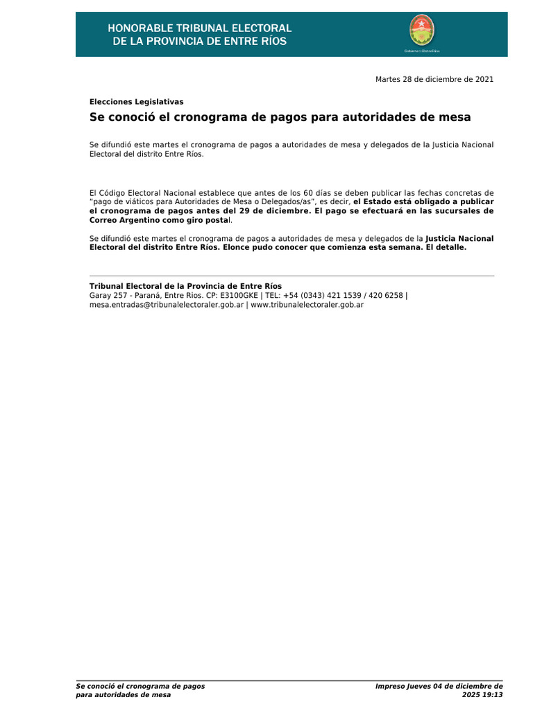 Se Conoció El Cronograma de Pagos para Autoridades de Mesa | PDF