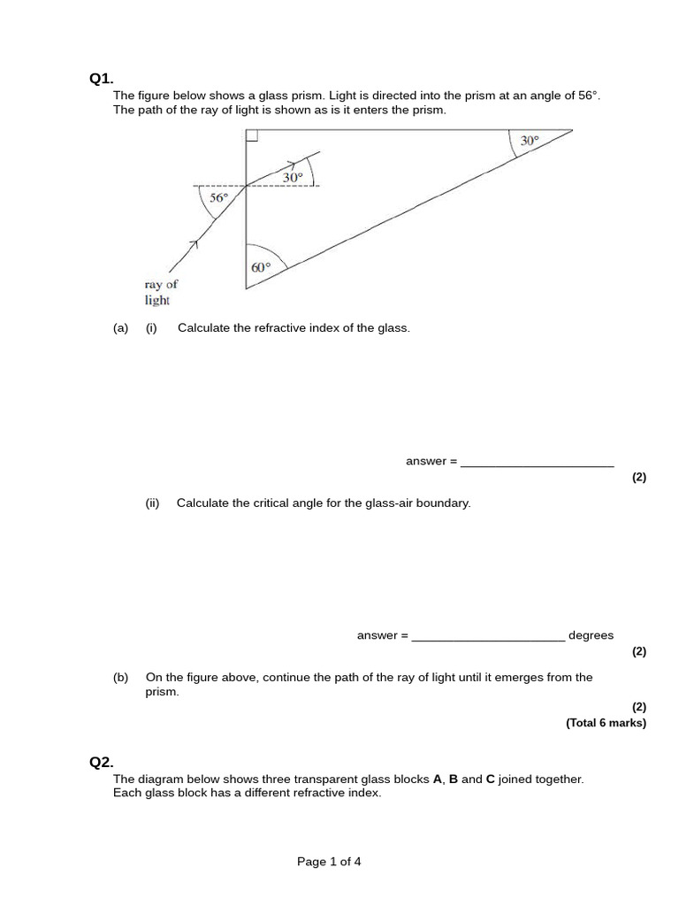 Light Refraction and Total Internal Reflection Calculations | PDF ...