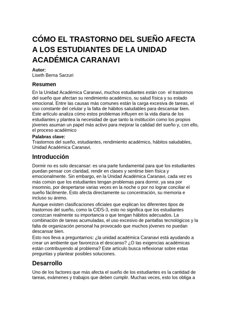 Trastornos del Sueño en Estudiantes Caranavi | PDF | Dormir | Sicología