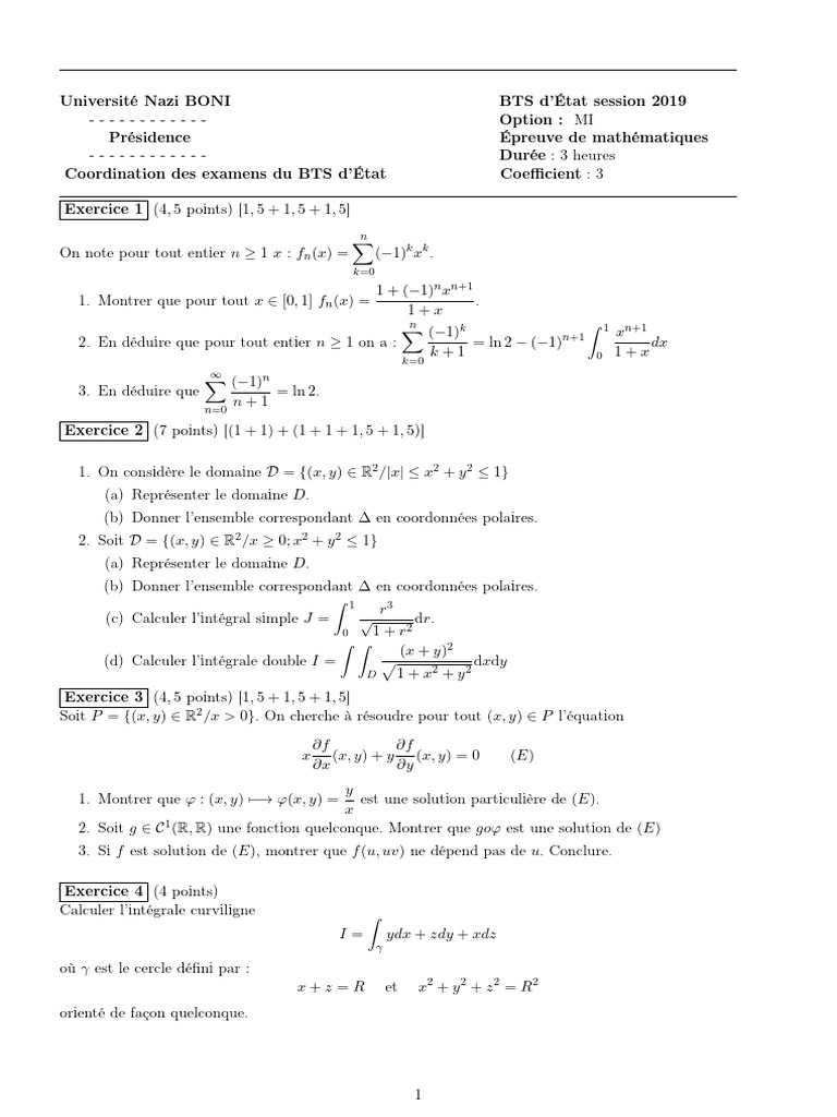 Épreuve de mathématiques BTS 2019 MI | PDF | Mathématiques | Analyse ...