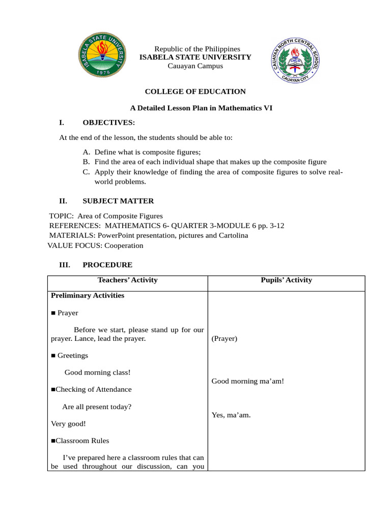 Area of Composite Figures Lesson Plan | PDF | Area | Shape