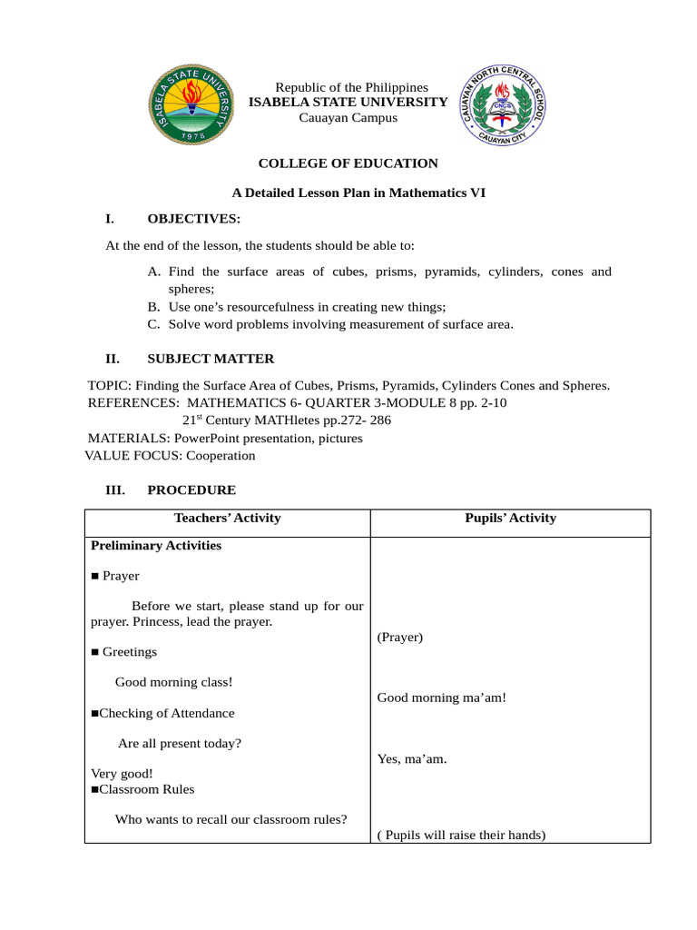 Surface Area Lesson Plan for Grade 6 | PDF