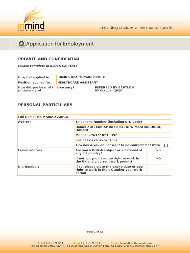 Inmind Application Form | PDF