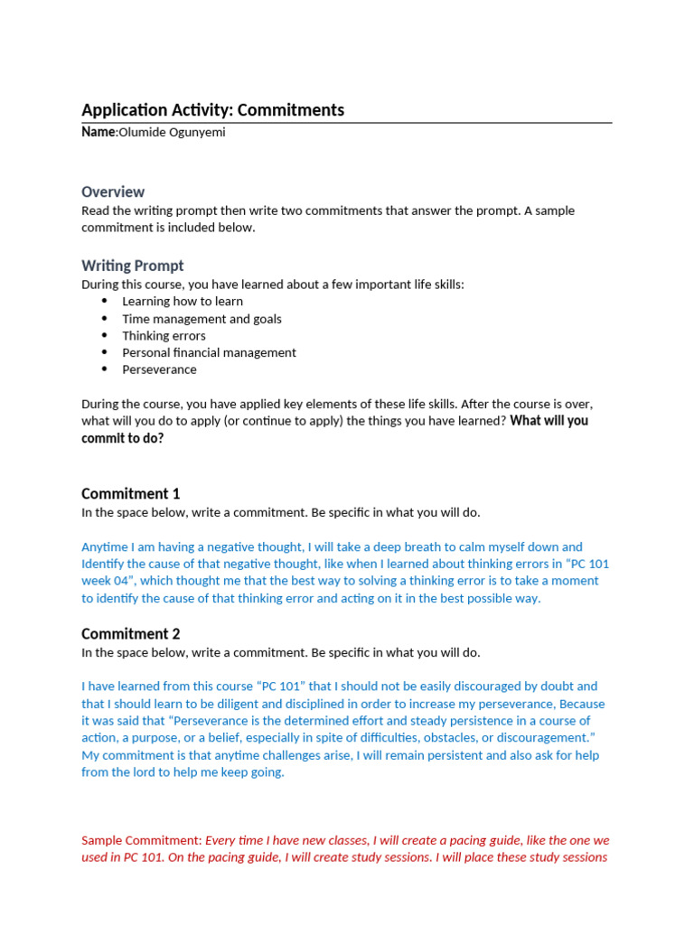 Commitments for Life Skills Application | PDF