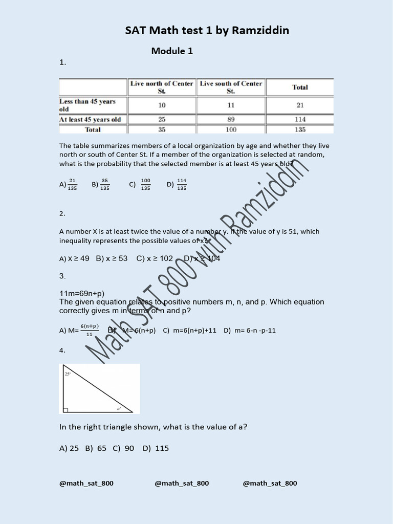 SAT Math Test 1 Solutions and Questions | PDF | Inequality (Mathematics ...