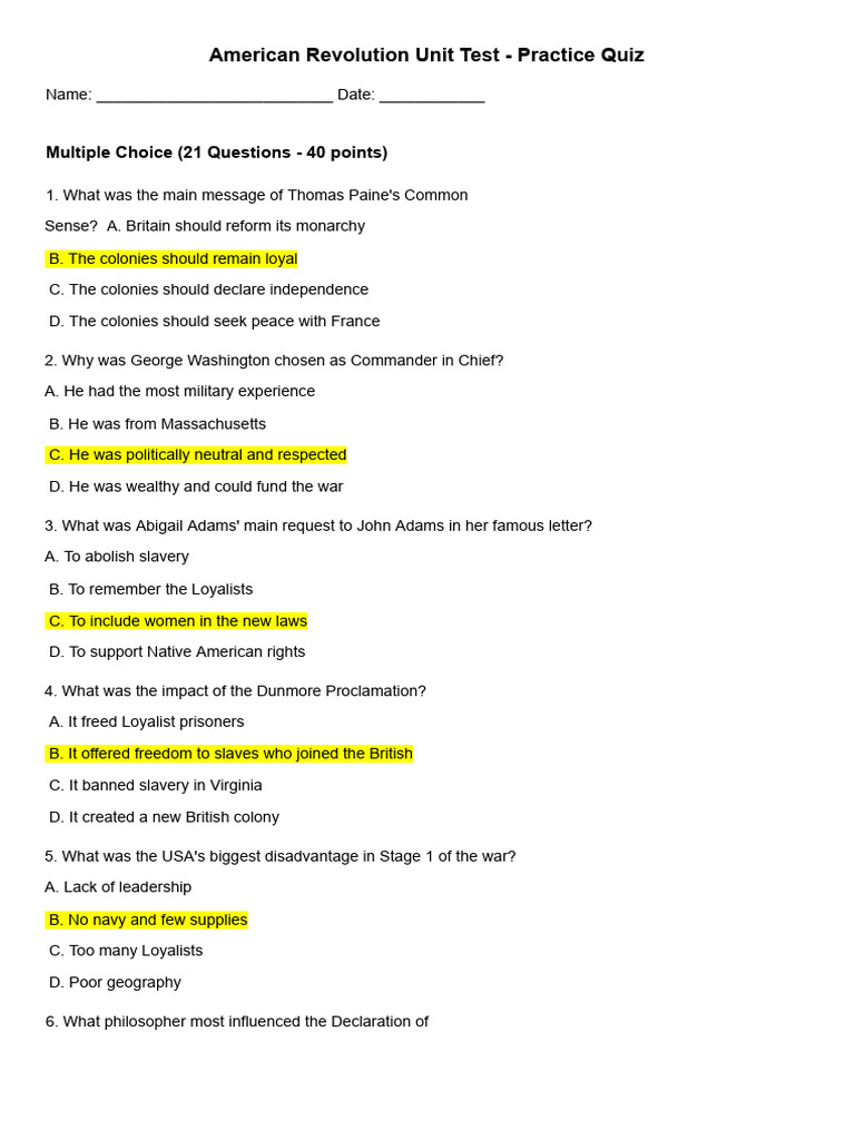 American Revolution Test Quiz (1) | PDF | American Revolution | United ...