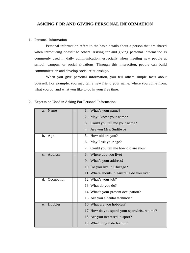 Asking For and Giving Personal Information and The Time and Date 1 | PDF