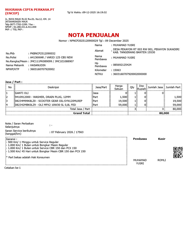 Nota Penjualan Servis Motor Vario 125 | PDF