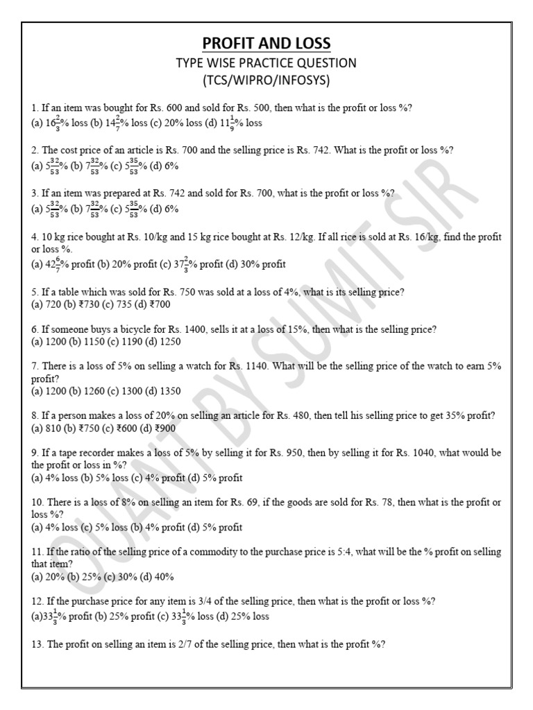 Profit and Loss Practice Questions | PDF | Rupee | Prices