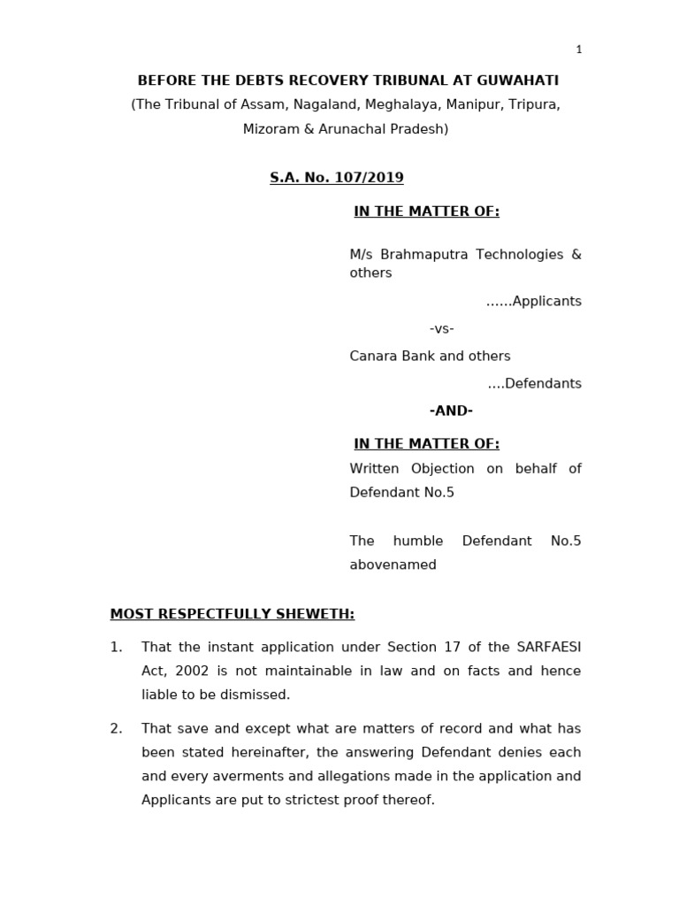 Objection to SARFAESI Act Application | PDF | Affidavit