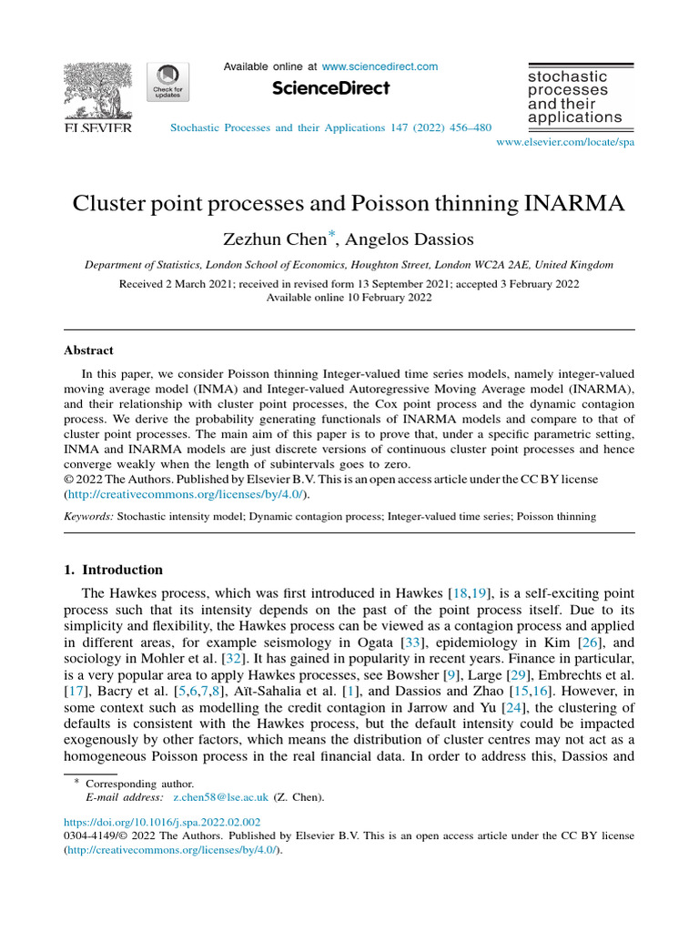 Cluster Point Processes and INARMA Models | PDF | Time Series | Limit ...