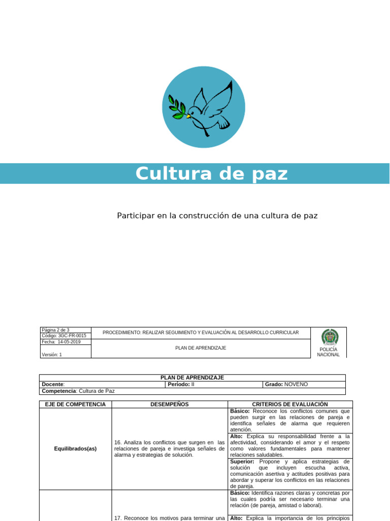 Plan de Aprendizaje: Cultura de Paz | PDF | Evaluación | Aprendizaje