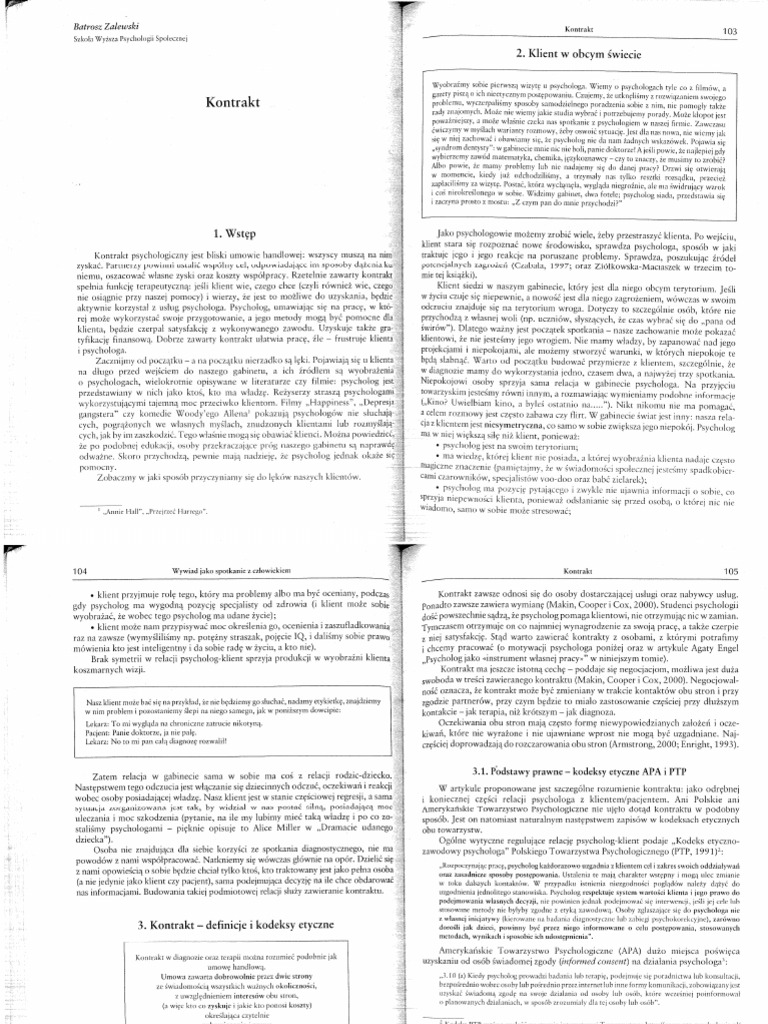 Zalewski, B. Kontrakt. W Wywiad Psychologiczny, Tom 2 (S. 102-130) | PDF