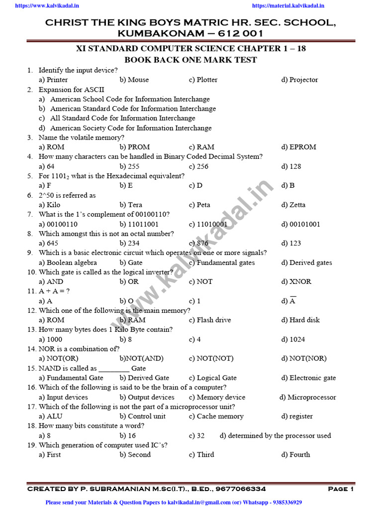 Computer Science One Mark Test XI | PDF | Operating System | Central ...
