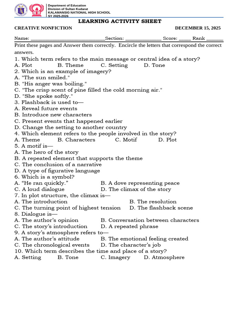 Creative Nonfiction Learning Activity Sheet | PDF | Plot (Narrative)