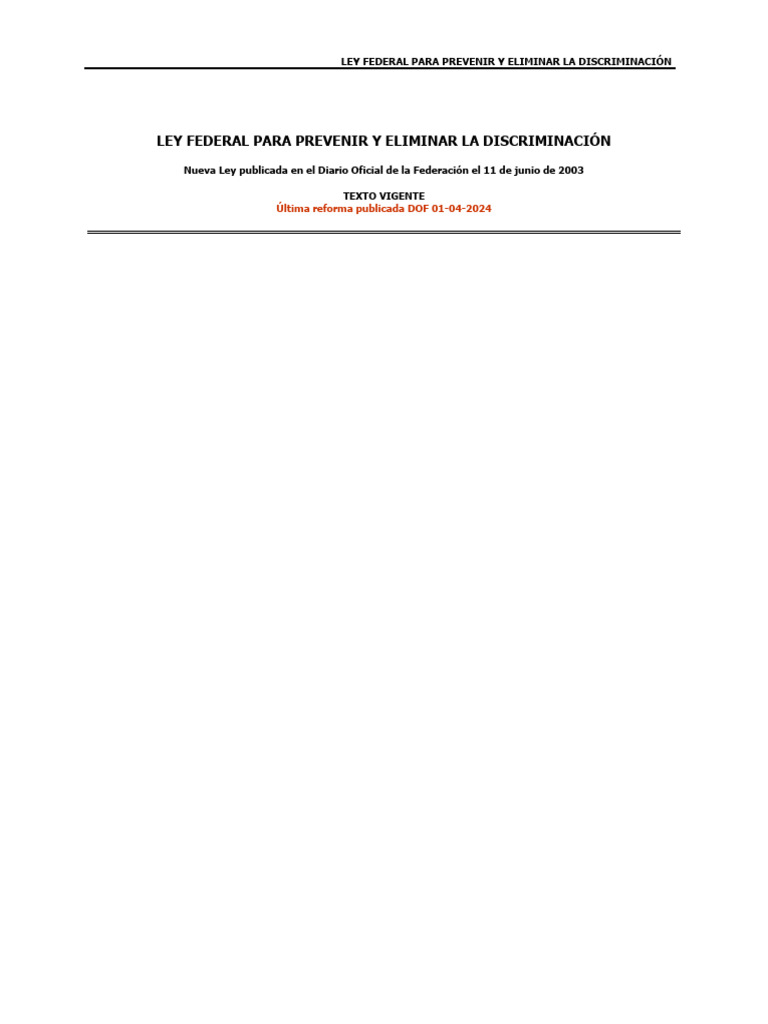 Ley Federal Prevenir Eliminar Discriminacion 01 2024 | PDF ...