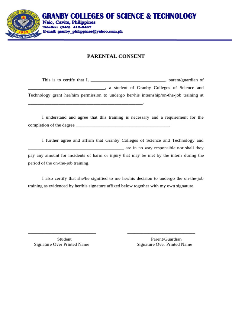 Parental Consent for Internship Training | PDF