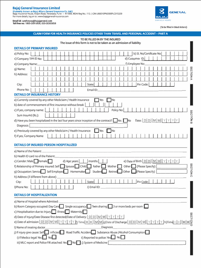 Bajaj Health Insurance Claim Form | PDF