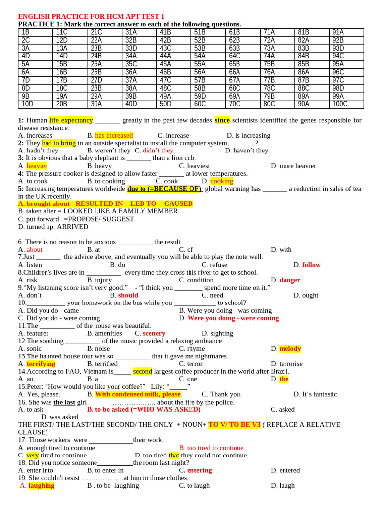 HCM Apt Test 1: English Practice Questions | PDF