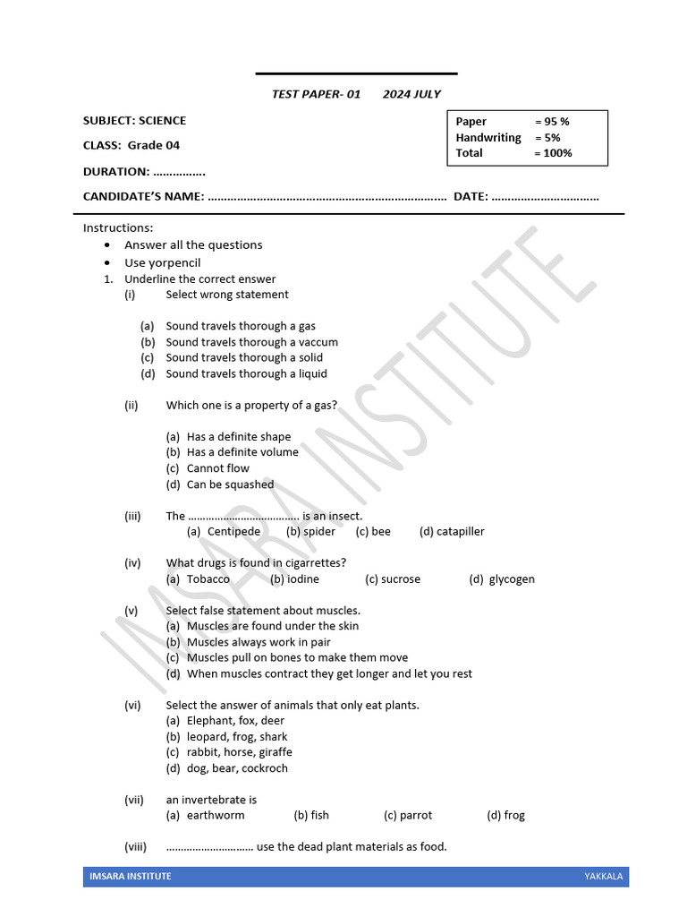 Grade 4 Science Test Paper 2024 | PDF | Phase (Matter)