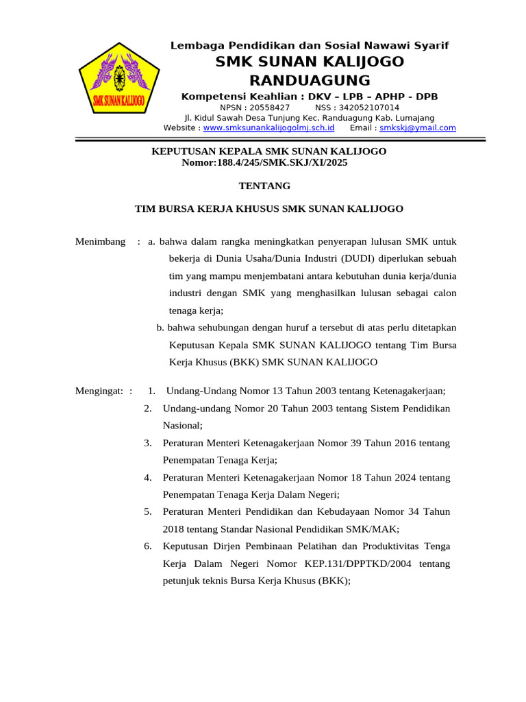 Tim Bursa Kerja Khusus SMK Sunan Kalijogo | PDF