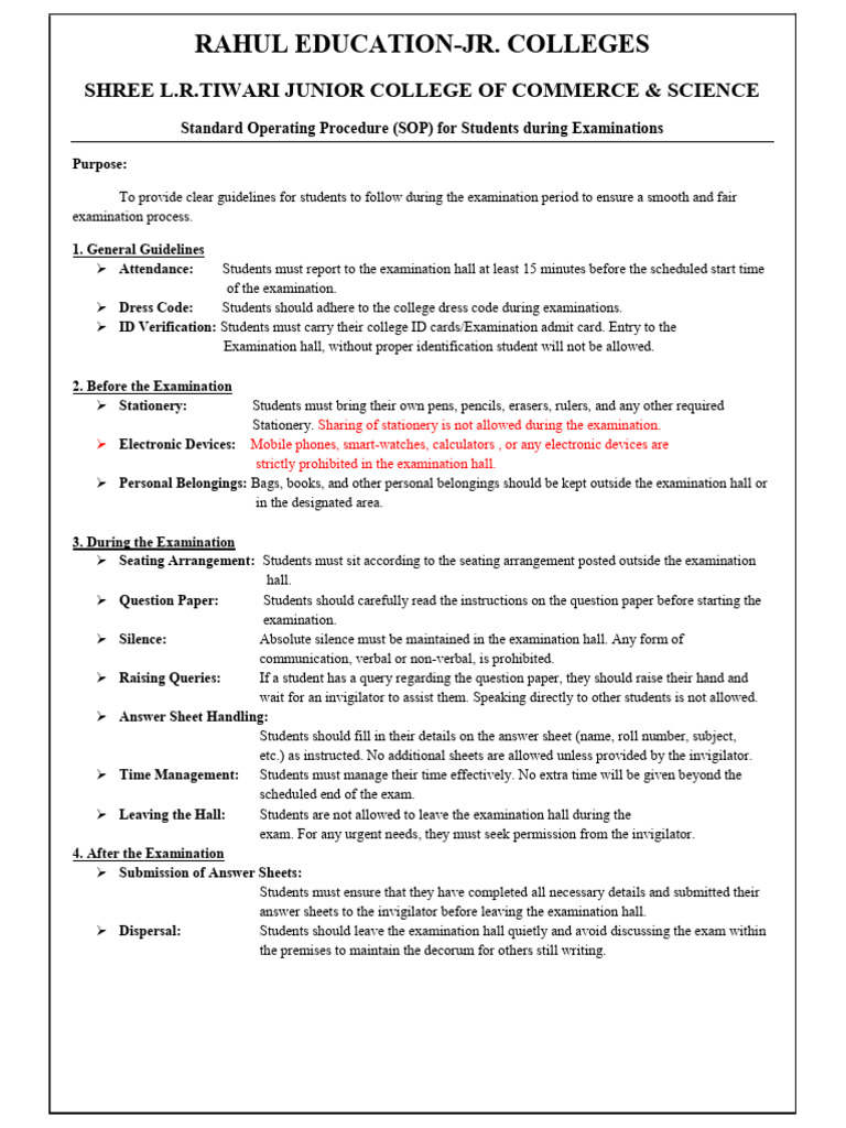 Exam SOP for Students at L.R. Tiwari College | PDF