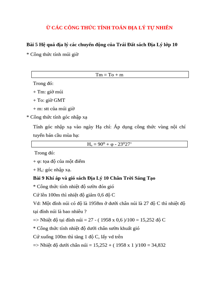 Các Công Thức Tính Toán Địa Lý Tự Nhiên | PDF