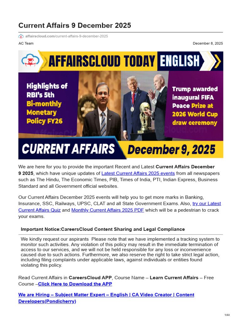 Current Affairs December 9, 2025 | PDF