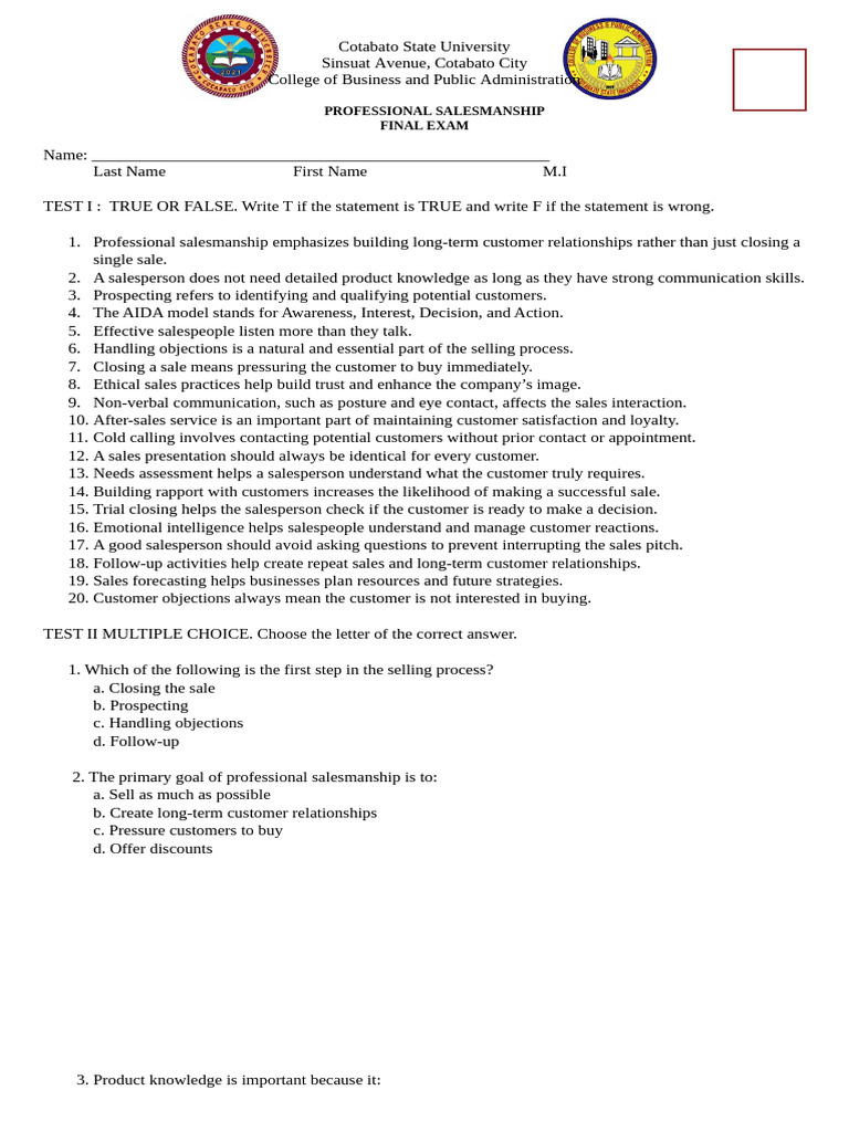 Professional Salesmanship Exam Guide | PDF | Sales | Business