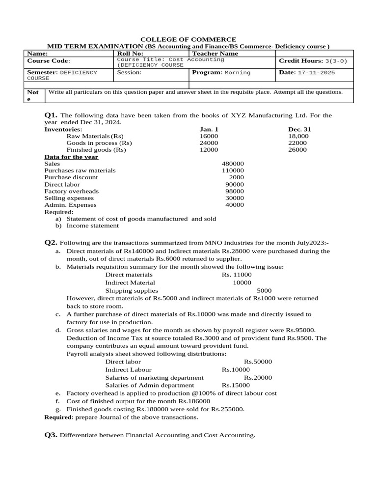 Cost Accounting Midterm Exam Guide | PDF | Cost Of Goods Sold ...