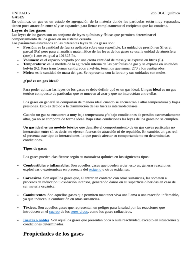 Propiedades y leyes de los gases en química | PDF | Gases | Mecánica ...