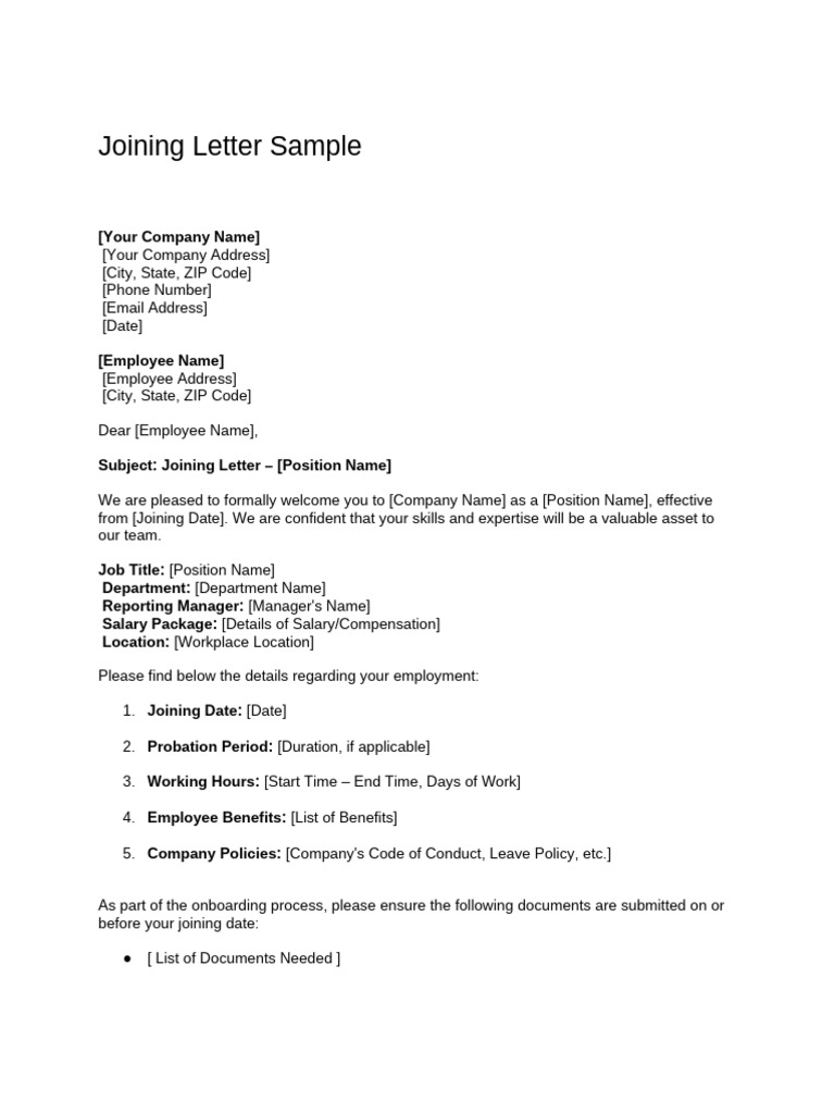 Joining Letter Sample | PDF