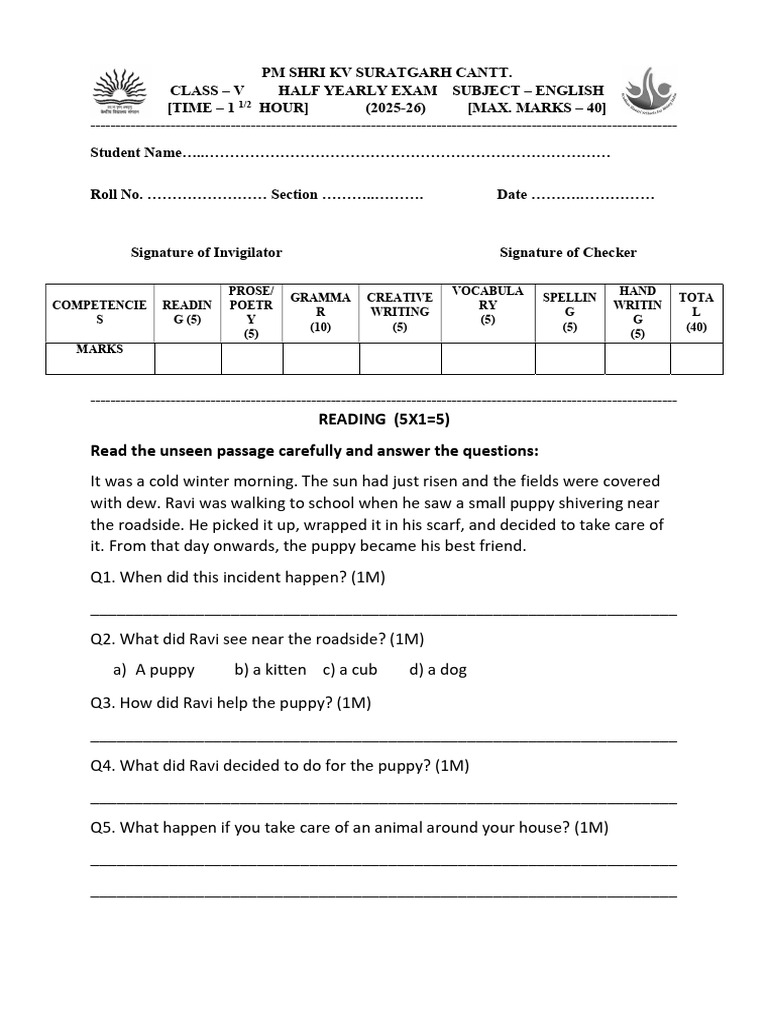 Class V English Half Yearly Exam 2025-26 | PDF | Linguistics | Language ...
