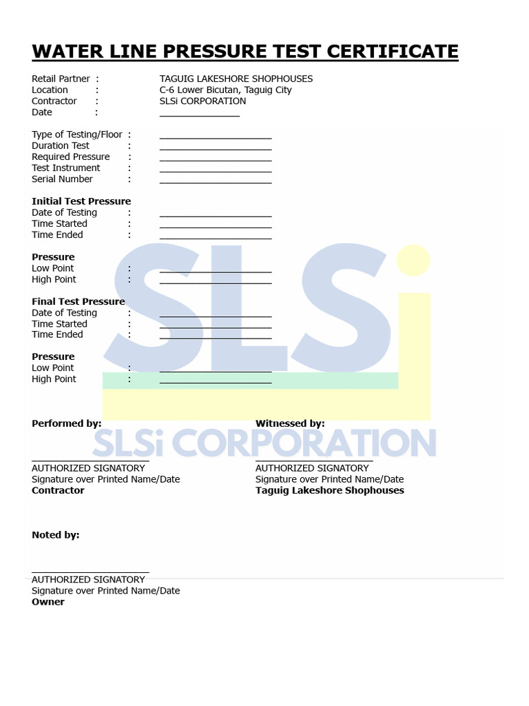 Water Line Pressure Test Certificate | PDF
