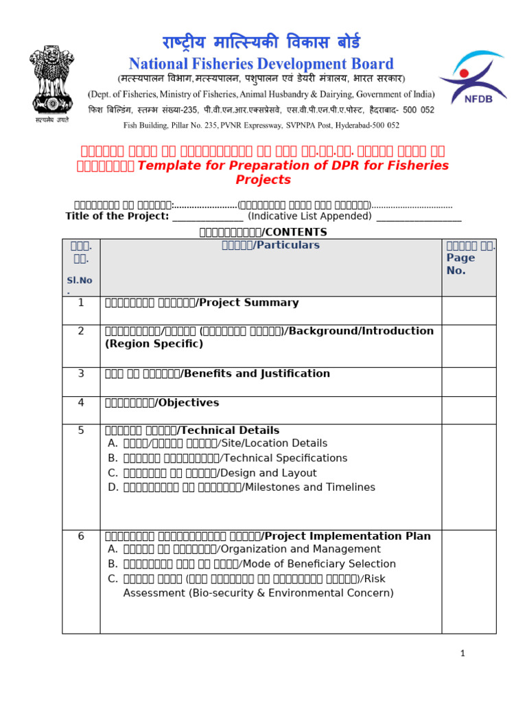 Template for Preparation of DPR for Fisheries Projects - Bilingual | PDF