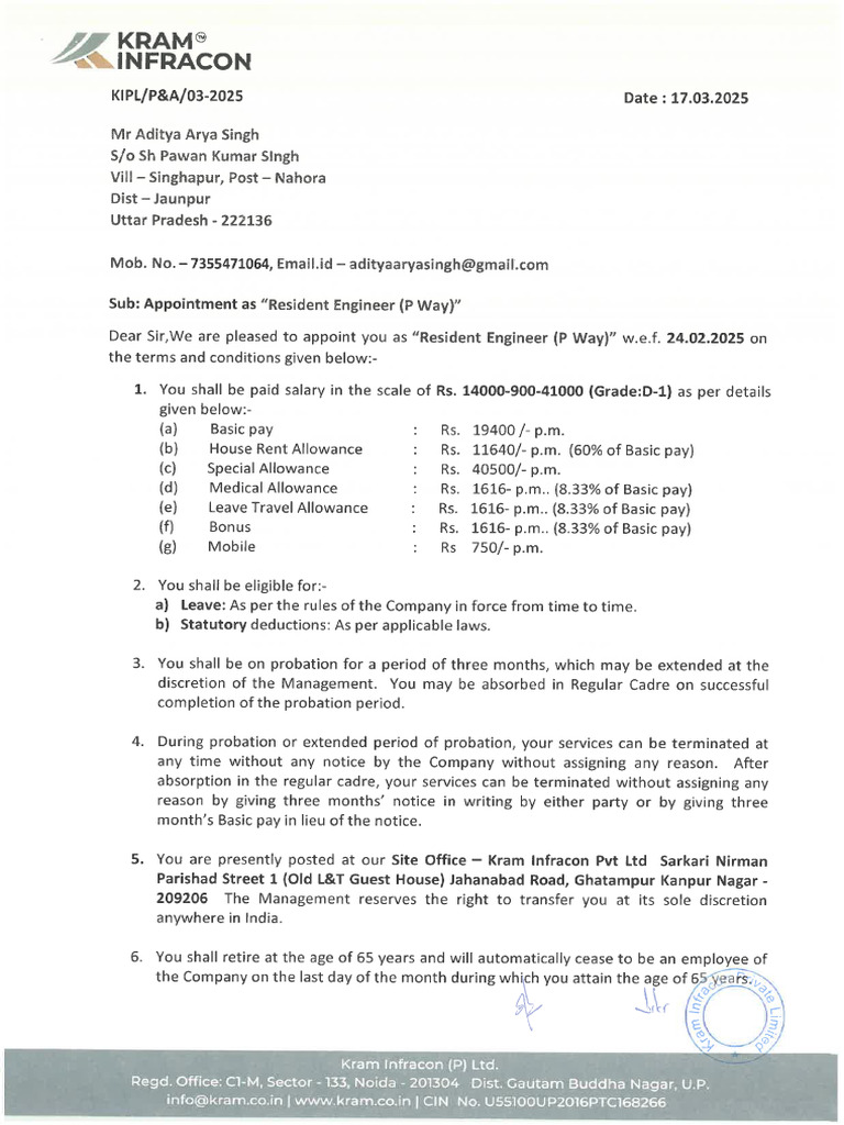 Aditya Arya Singh Appt Letter | PDF