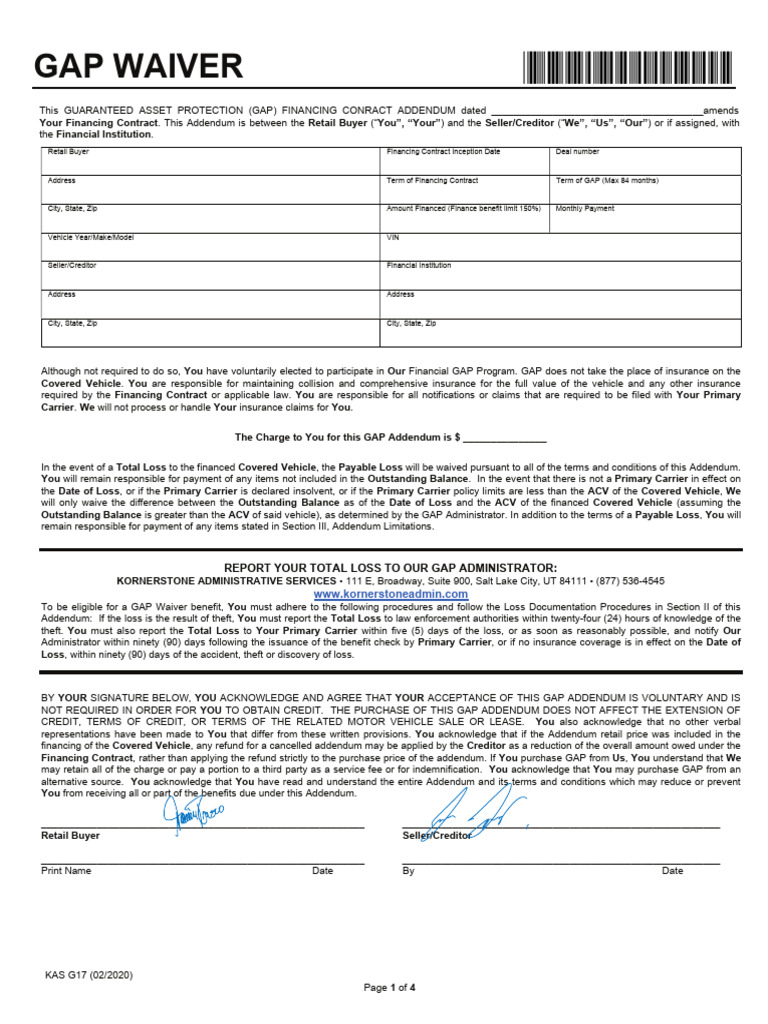 GAP Waiver Financing Contract Addendum | PDF | Insurance | Prices