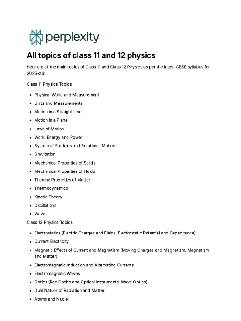 CBSE Class 11 & 12 Physics Topics 2025-26 | PDF