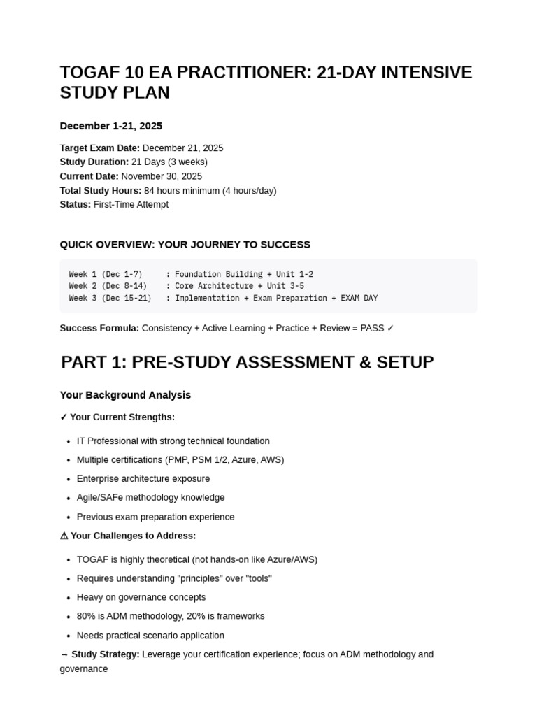 21-Day TOGAF 10 EA Study Plan | PDF | Enterprise Architecture | Risk